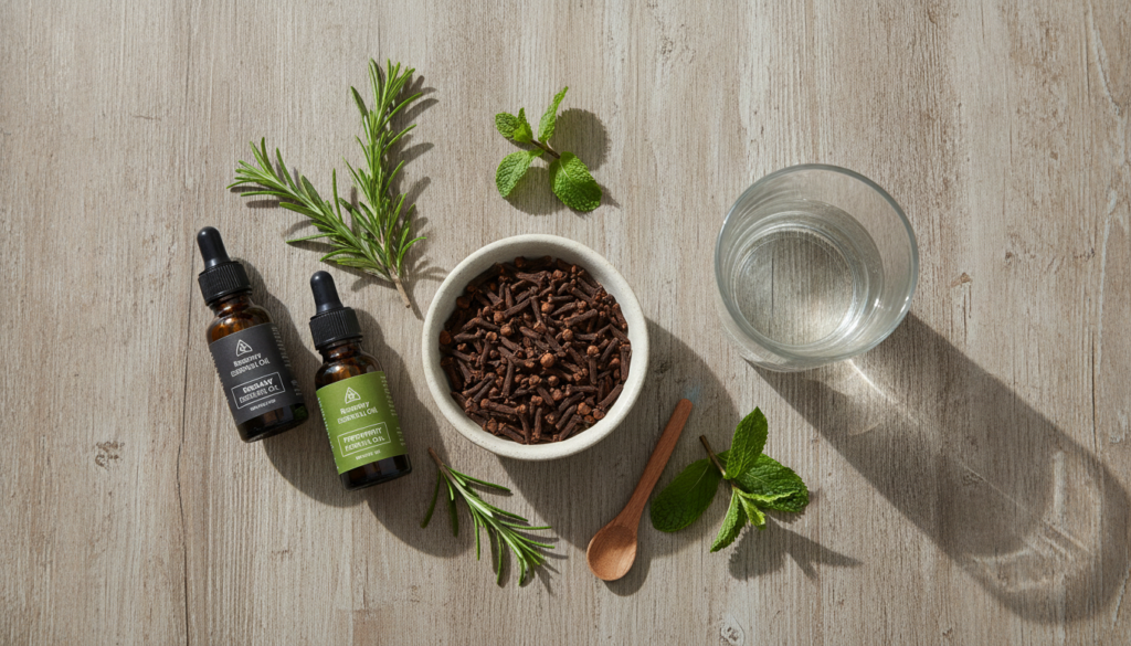 Ingredients laid out for a DIY clove hair treatment a small bowl of whole cloves a glass of water and small bottles of r