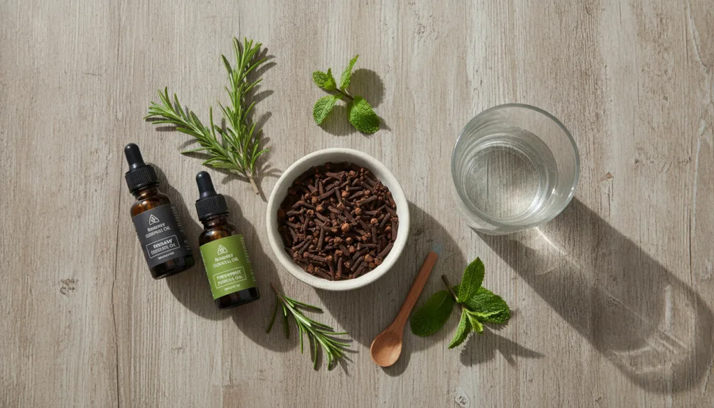 Ingredients laid out for a DIY clove hair treatment a small bowl of whole cloves a glass of water and small bottles of r