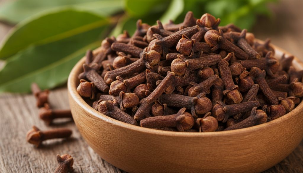 A close-up shot of dried cloves in a small wooden bowl with some fresh green leaves or herbs subtly blurred in the backg