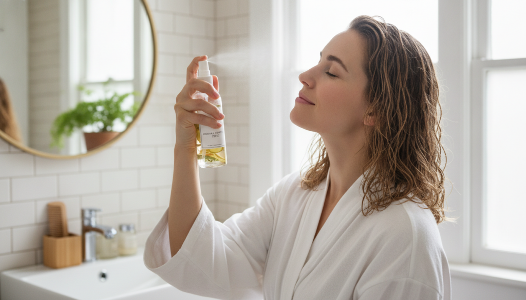 A woman gently spraying a homemade hair tonic onto her scalp with her hair slightly damp Her face is serene suggesting s
