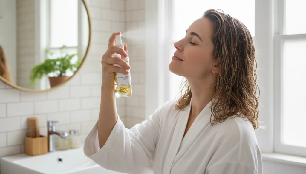 A woman gently spraying a homemade hair tonic onto her scalp with her hair slightly damp Her face is serene suggesting s
