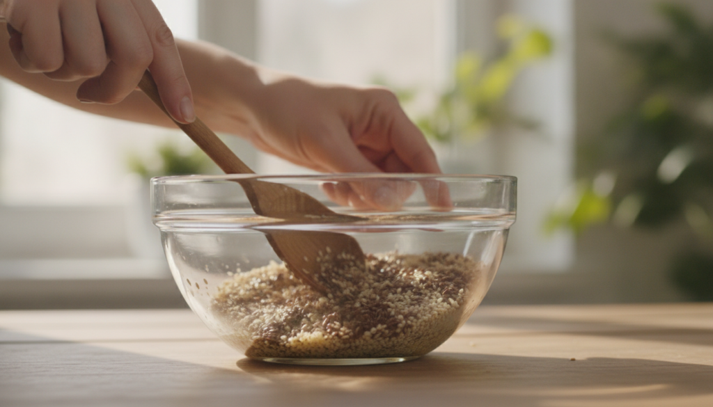 A close-up of hands mixing natural seeds with oil in a glass bowl with a soft warm glow The scene should convey a sense