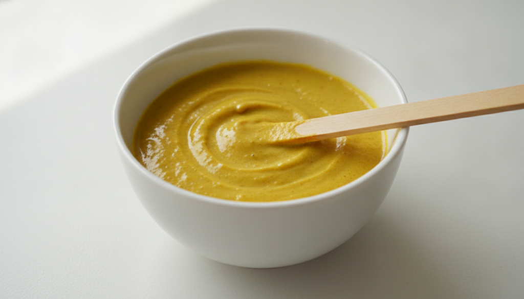 A small golden-yellow mask mixture in a white ceramic bowl with a wooden stirring stick against a soft blurred backgroun