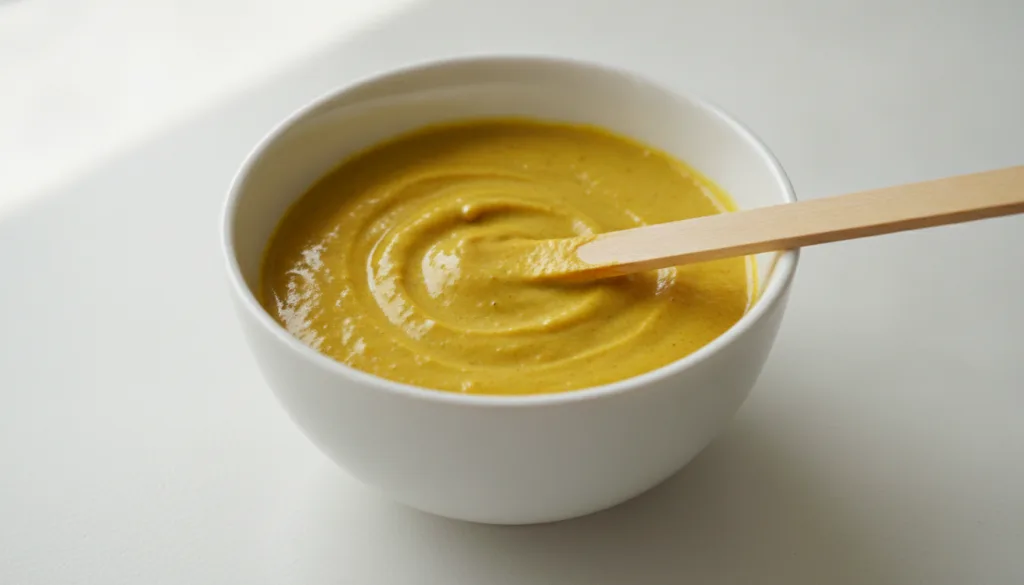 A small golden-yellow mask mixture in a white ceramic bowl with a wooden stirring stick against a soft blurred backgroun