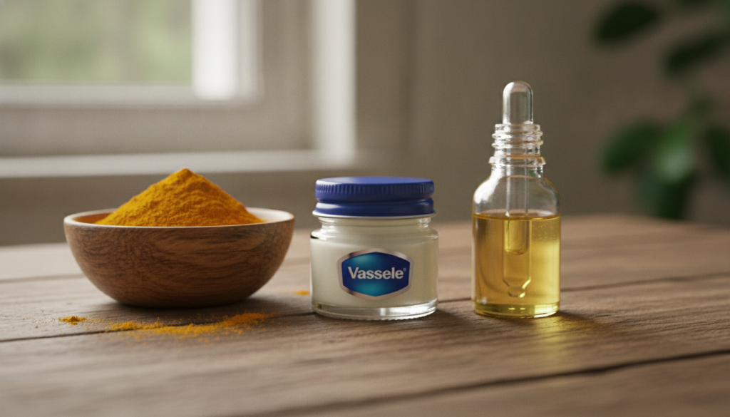 Ingredients for a golden glow mask including a small pot of Vaseline a bowl of yellow turmeric powder and a small bottle