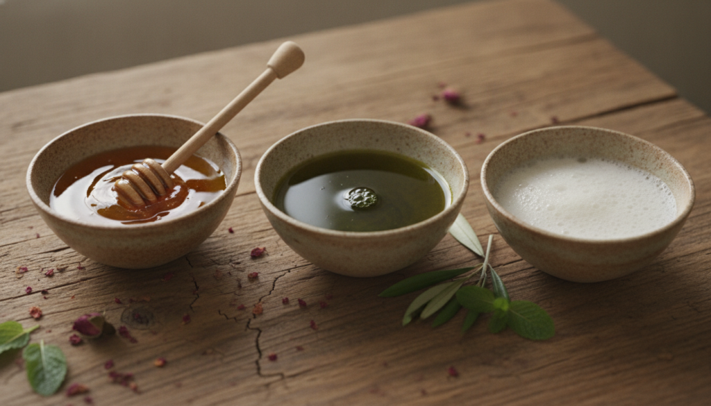 A serene close-up of natural ingredients like honey olive oil and an egg in small bowls perhaps with a soft brush and a 
