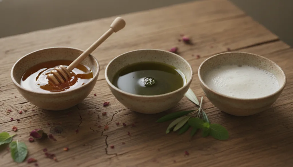 A serene close-up of natural ingredients like honey olive oil and an egg in small bowls perhaps with a soft brush and a 