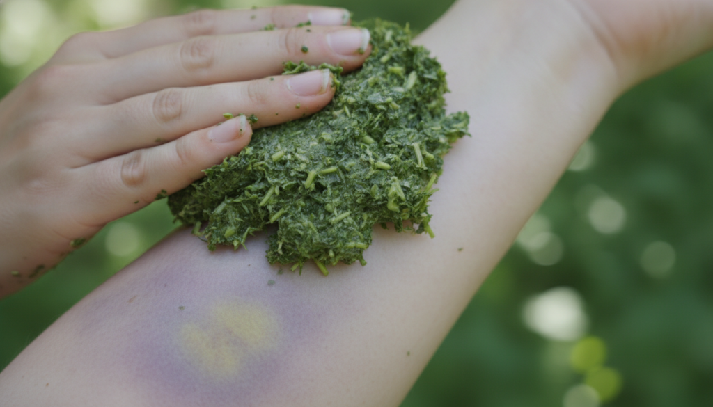 A person s hand gently applying a thick green Comfrey poultice to a bruised forearm with a blurred background of natural