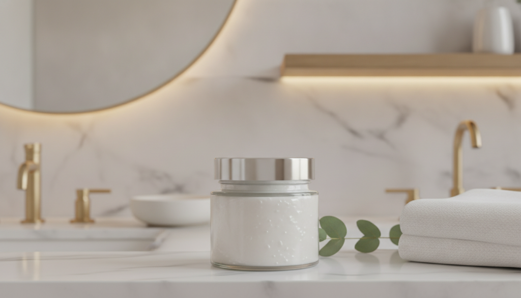 A small airtight jar filled with a creamy white homemade night gel on a vanity with soft lighting