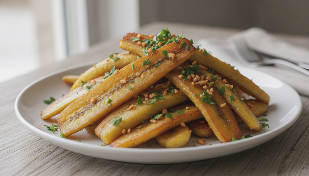 A plate of sautéed plantain spikes with garlic garnished with fresh herbs ready to be served as a healthy side dish