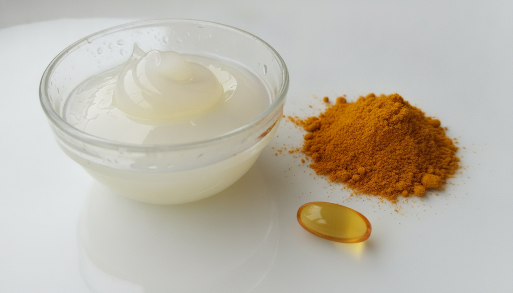 A close-up of a small bowl containing Vaseline a spoon of turmeric powder and a Vitamin E capsule ready for mixing
