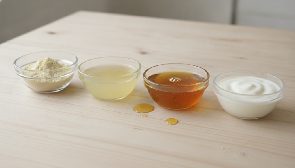 Close-up shot of the four main ingredients for the DIY brightening mask Thanaka powder in a small bowl fresh lemon slice