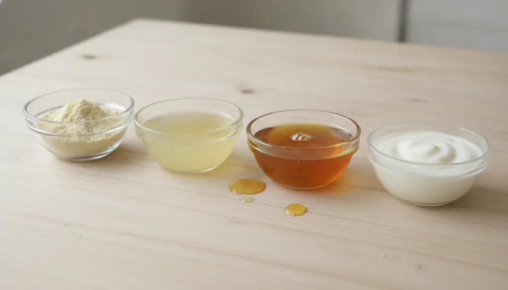 Close-up shot of the four main ingredients for the DIY brightening mask Thanaka powder in a small bowl fresh lemon slice