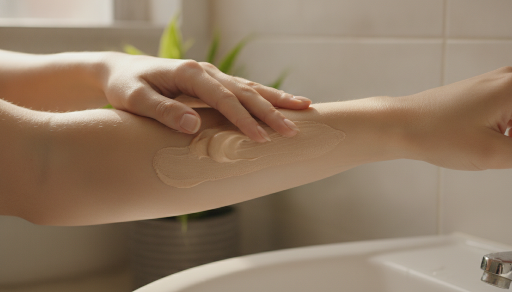 A woman gently applying a light brown mask to her arm which shows some tanned skin Her expression is calm and focused wi