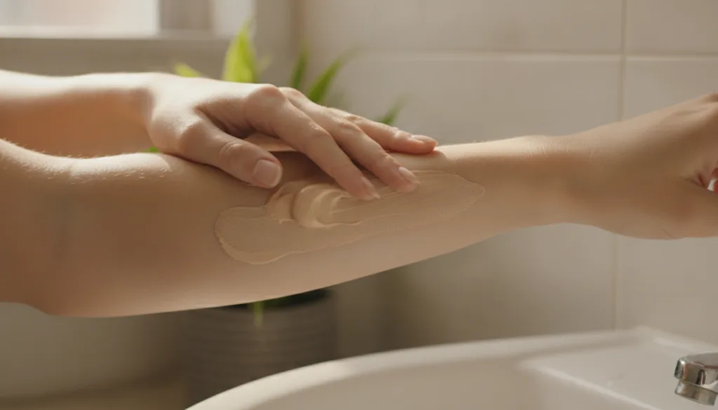 A woman gently applying a light brown mask to her arm which shows some tanned skin Her expression is calm and focused wi