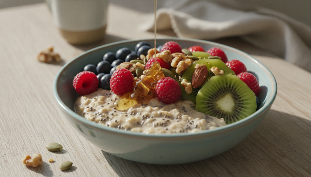 A vibrant and healthy breakfast bowl featuring a mix of oats chia seeds and fresh berries with a drizzle of honey showca