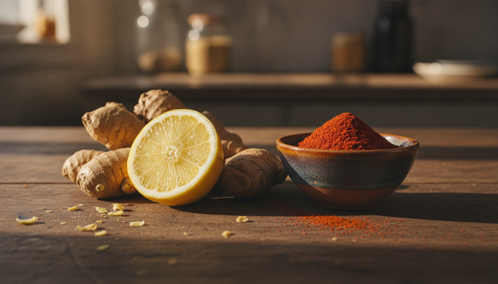 Various natural ingredients like a lemon a piece of ginger root and a small bowl of cayenne pepper on a rustic wooden su