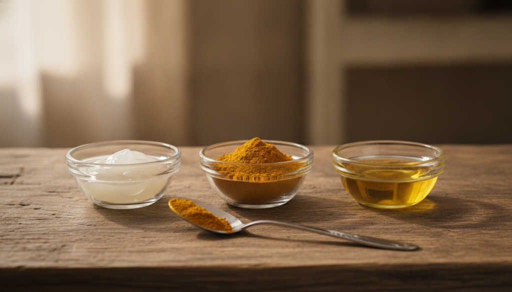 Small bowls of Vaseline turmeric powder and vitamin E capsules next to a mixing spoon and a small empty bowl