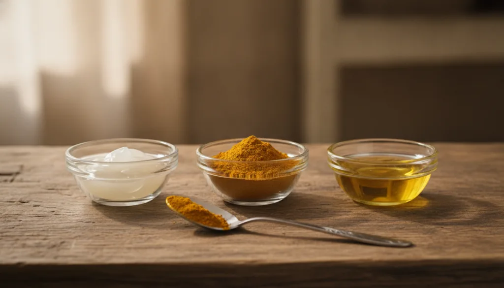 Small bowls of Vaseline turmeric powder and vitamin E capsules next to a mixing spoon and a small empty bowl