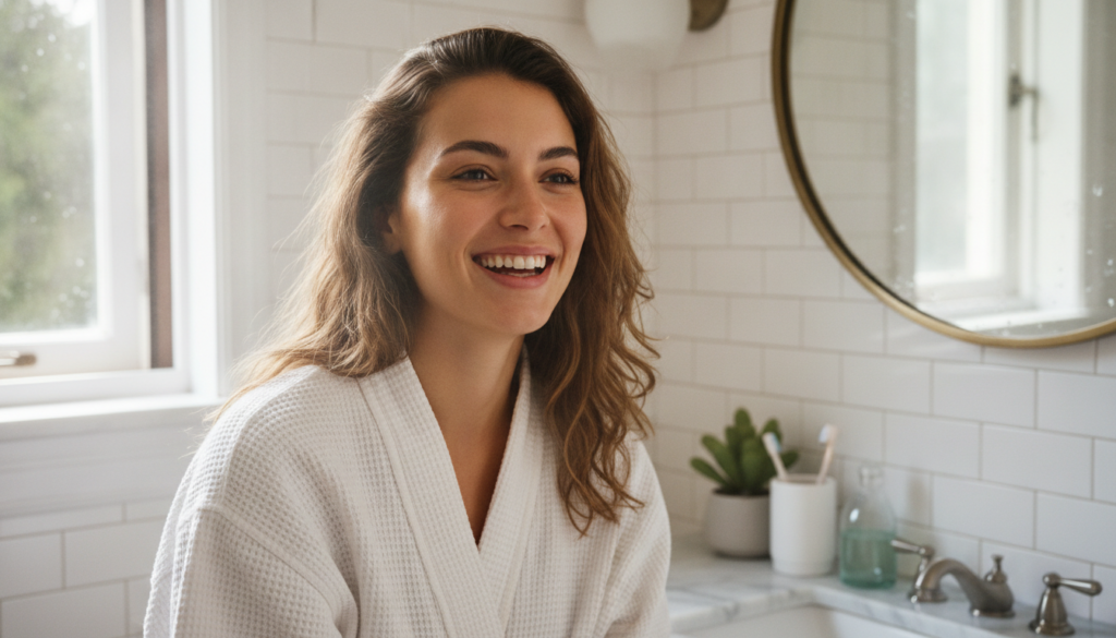 A beautiful woman with glowing radiant skin looking happy and confident Her face has a subtle golden hue perhaps from a 