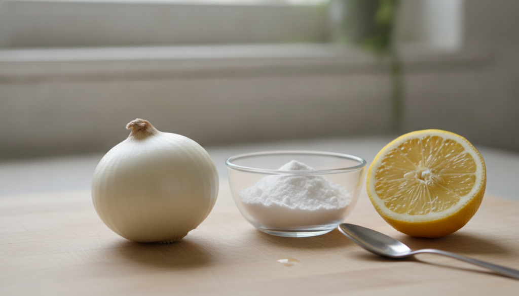 Ingredients for an onion paste remedy a small whole onion a small bowl with baking soda and a cut lemon beside a spoon