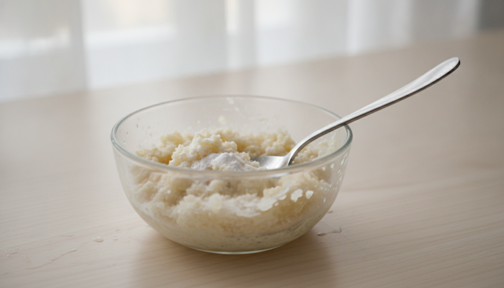 A small bowl containing the freshly made light-colored onion and baking soda paste ready for application
