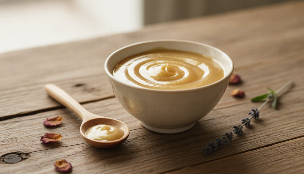 A beautiful golden glow mask mixture in a small elegant ceramic bowl with a small mixing spoon next to it on a natural w