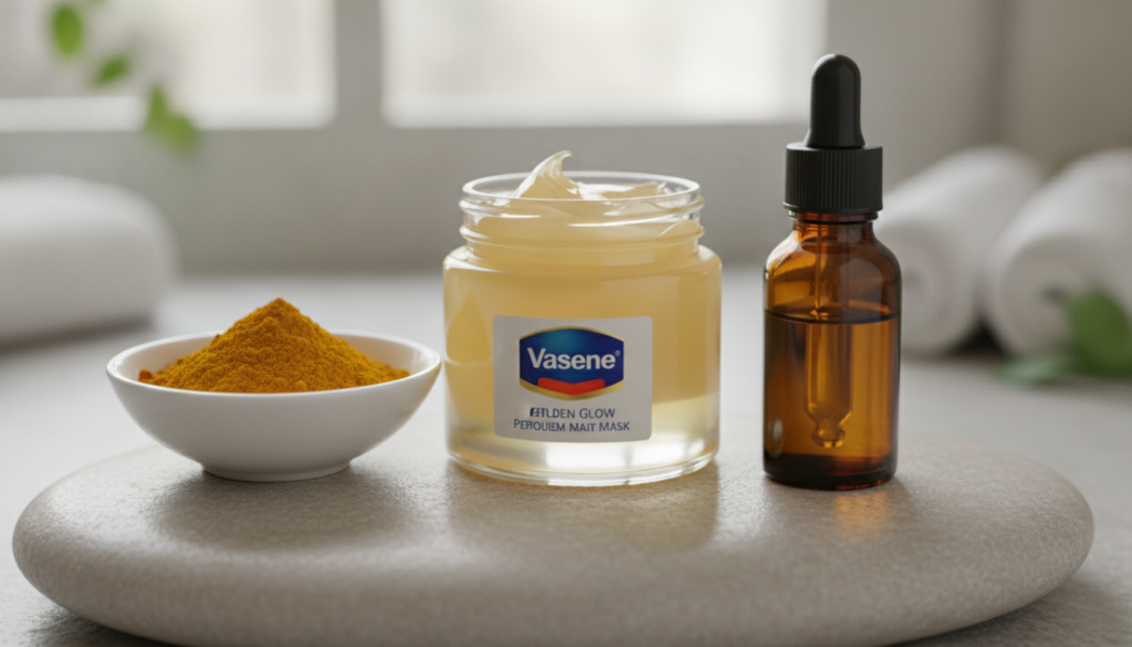 Individual ingredients for the golden glow mask a jar of Vaseline a small bowl of turmeric powder and a small bottle of 