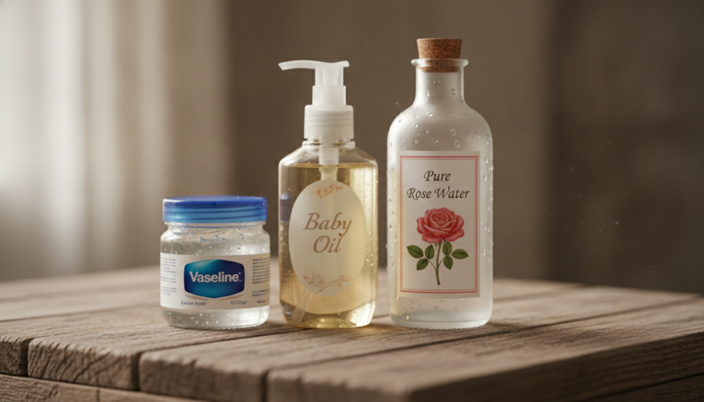 Three simple ingredients - a jar of Vaseline a bottle of baby oil and a bottle of pure rose water - neatly arranged on a