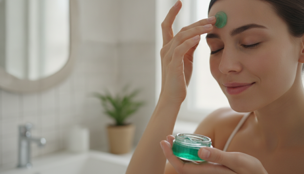 A woman gently applying the green gel to her face focusing on her forehead with a soft natural expression