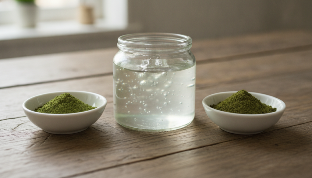 Ingredients laid out for making the green gel a jar of aloe vera gel a small bowl of matcha powder and a small bowl of n