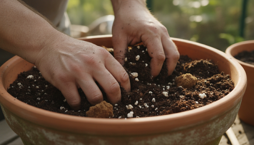 A close-up shot of hands mixing a perfect soil blend in a large pot or tray with various soil components like peat moss