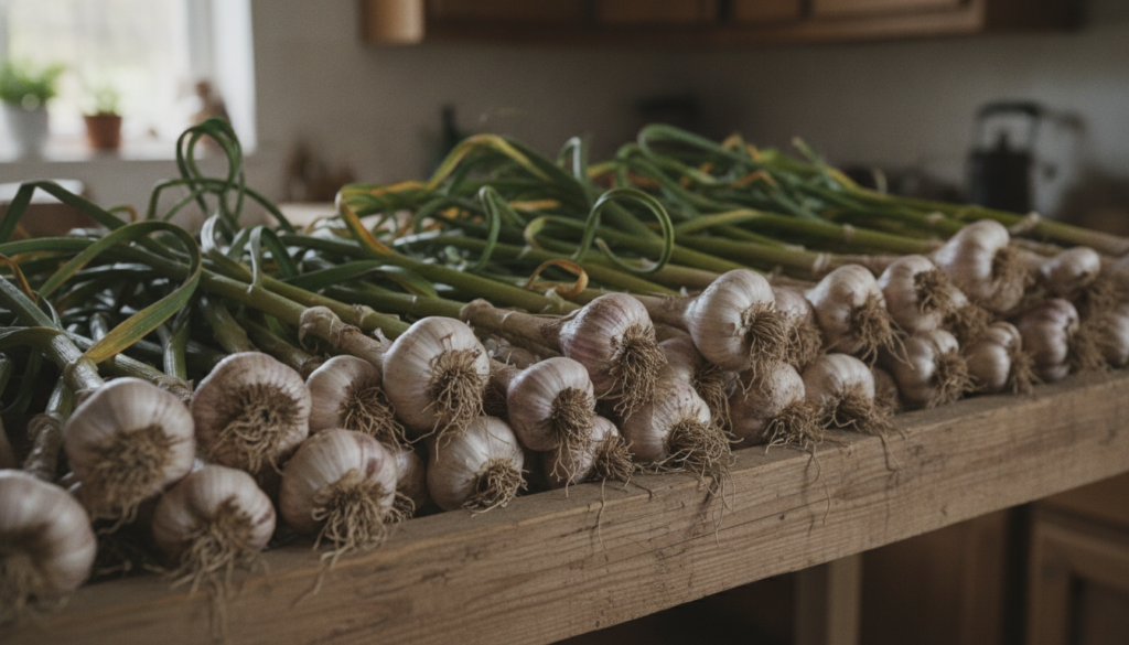 Several freshly harvested garlic bulbs with their green tops still attached laid out on a clean surface for curing