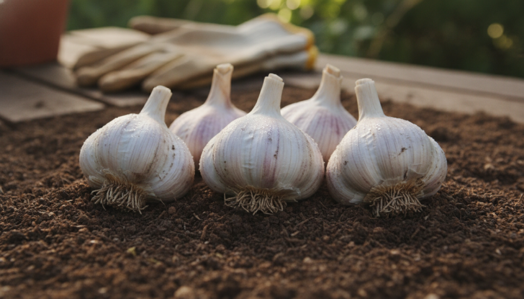 Close-up of several healthy garlic cloves ready for planting laid out on rich dark soil with gardening gloves in the bac