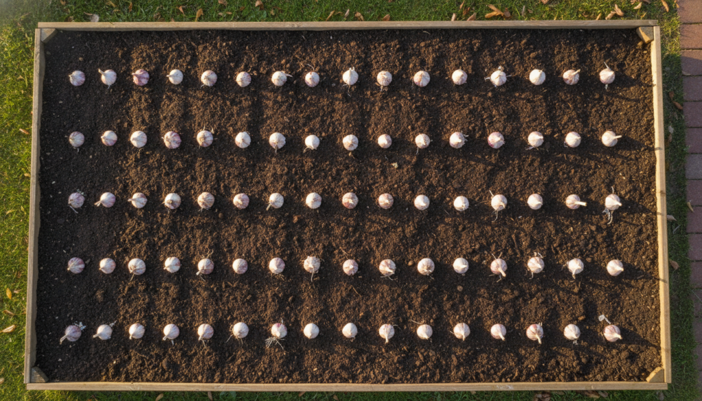 A garden bed showing several garlic cloves partially buried in neat rows demonstrating proper spacing and depth