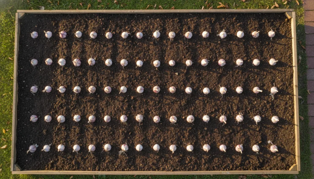 A garden bed showing several garlic cloves partially buried in neat rows demonstrating proper spacing and depth