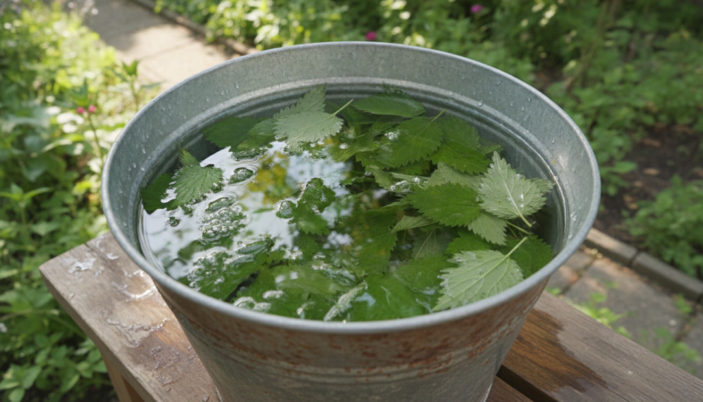 A close-up shot of a rustic bucket filled with nettle leaves submerged in water beginning to steep The water is slightly