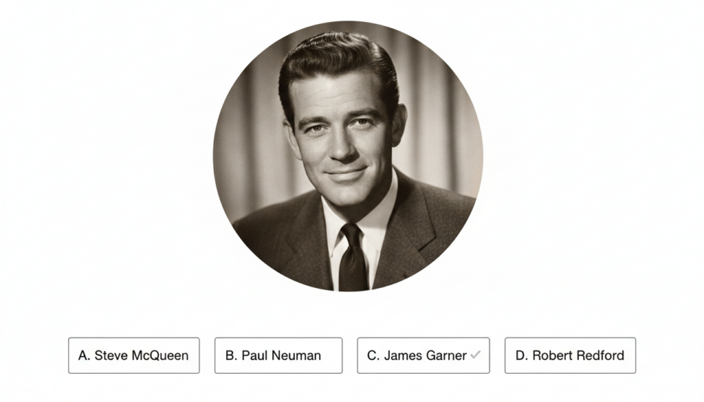 A multiple-choice quiz image showing a black and white portrait of James Garner with four name options below it