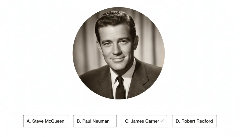 A multiple-choice quiz image showing a black and white portrait of James Garner with four name options below it