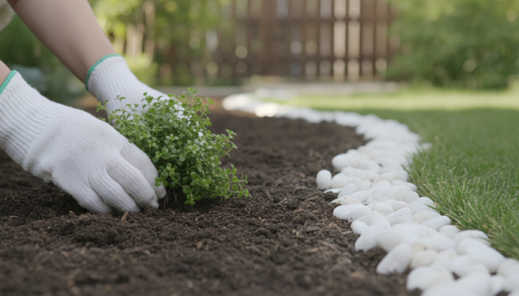 Hands in gardening gloves planting a small clump of green groundcover into dark soil next to a line of white decorative 