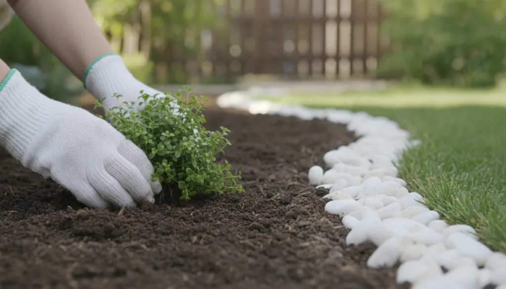 Hands in gardening gloves planting a small clump of green groundcover into dark soil next to a line of white decorative 