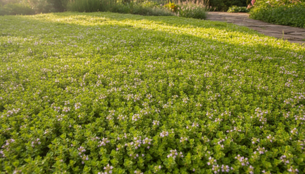 A lush uniform mat of bright green creeping thyme covering a garden bed or pathway