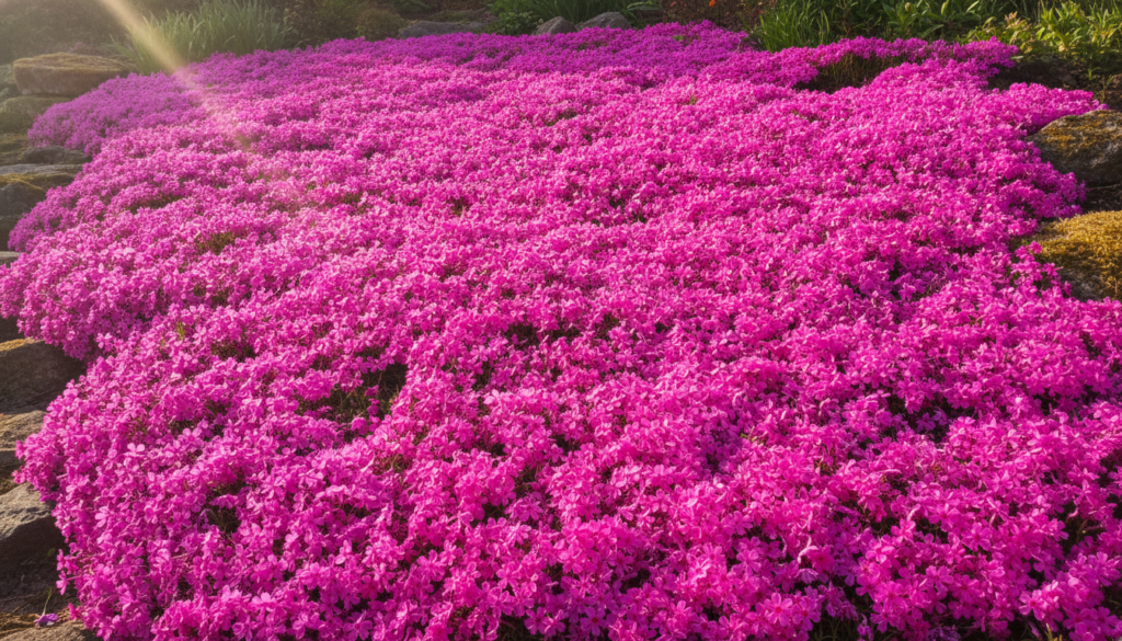 A vibrant patch of magenta-pink creeping phlox Phlox subulata in full bloom covering the ground densely