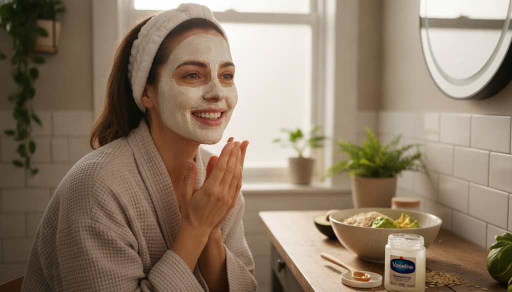 A woman applying a homemade mask to her face with a small jar of Vaseline and natural ingredients like honey and a bowl 