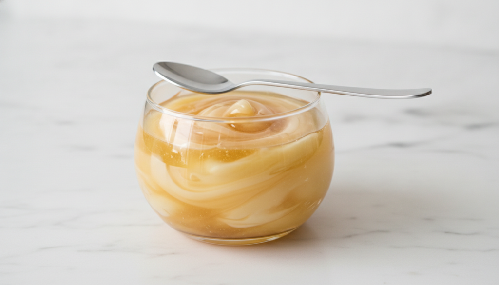 Close-up of a small bowl containing a mixture of Vaseline and honey with a spoon beside it on a clean light-colored surf