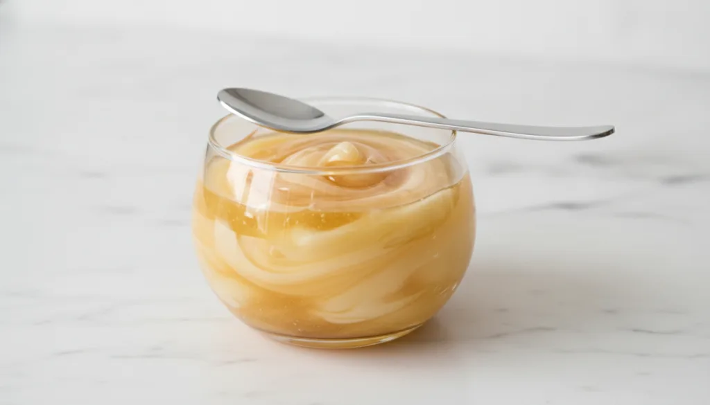 Close-up of a small bowl containing a mixture of Vaseline and honey with a spoon beside it on a clean light-colored surf