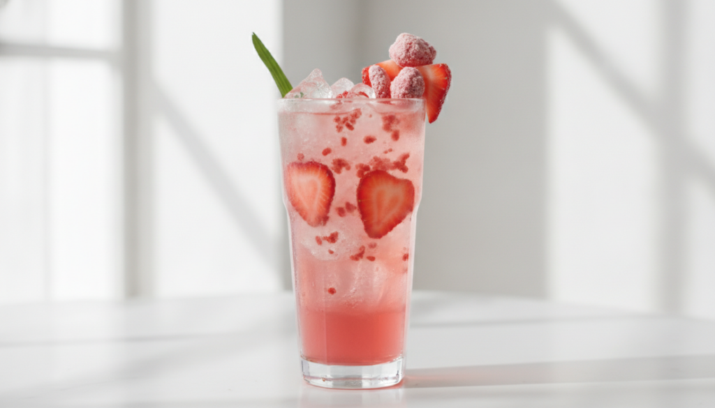 A vibrant Pink Drink in a clear glass with ice fresh strawberry slices and freeze-dried strawberries