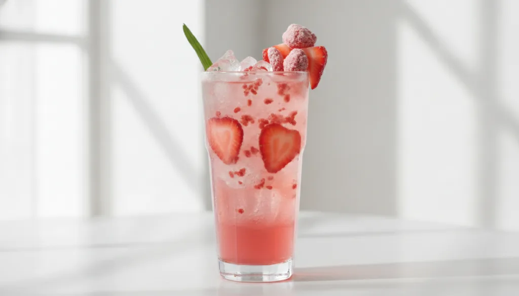 A vibrant Pink Drink in a clear glass with ice fresh strawberry slices and freeze-dried strawberries