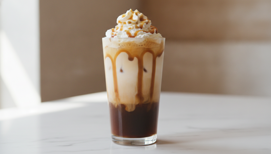 A tall glass of Iced Caramel Latte with a swirl of caramel drizzle and a dollop of whipped cream on top