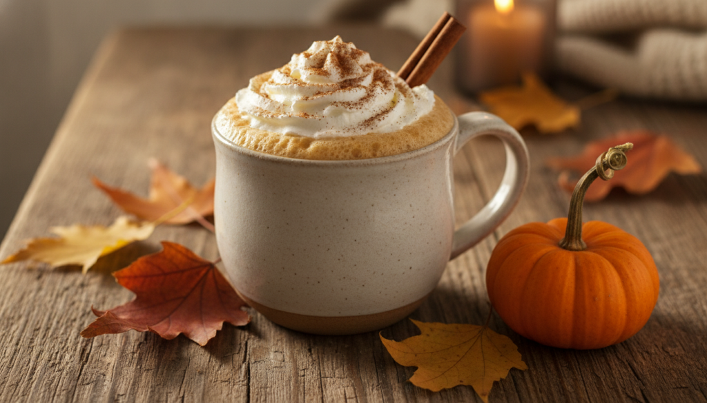 A cozy mug of Pumpkin Spice Latte with whipped cream a cinnamon stick and autumn leaves in the background
